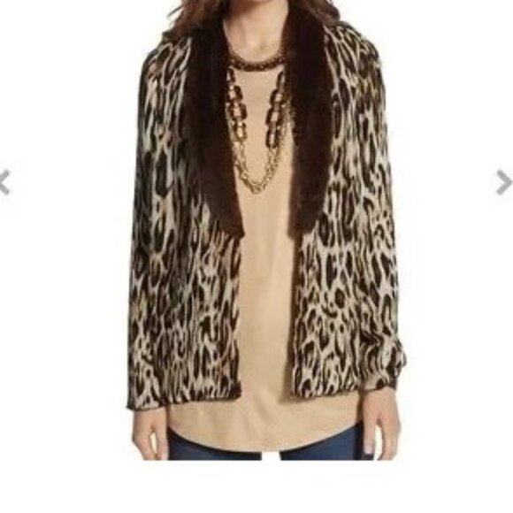 Chico's Cardigan Med Cheetah Brown Beige Black Faux Fur Trim Preppy - Picture 1 of 6